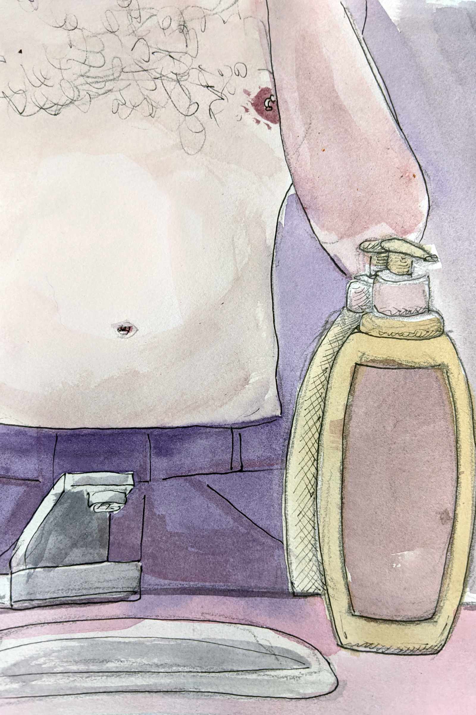 A topless man brushing his teeth in the mirror. Watercolor.